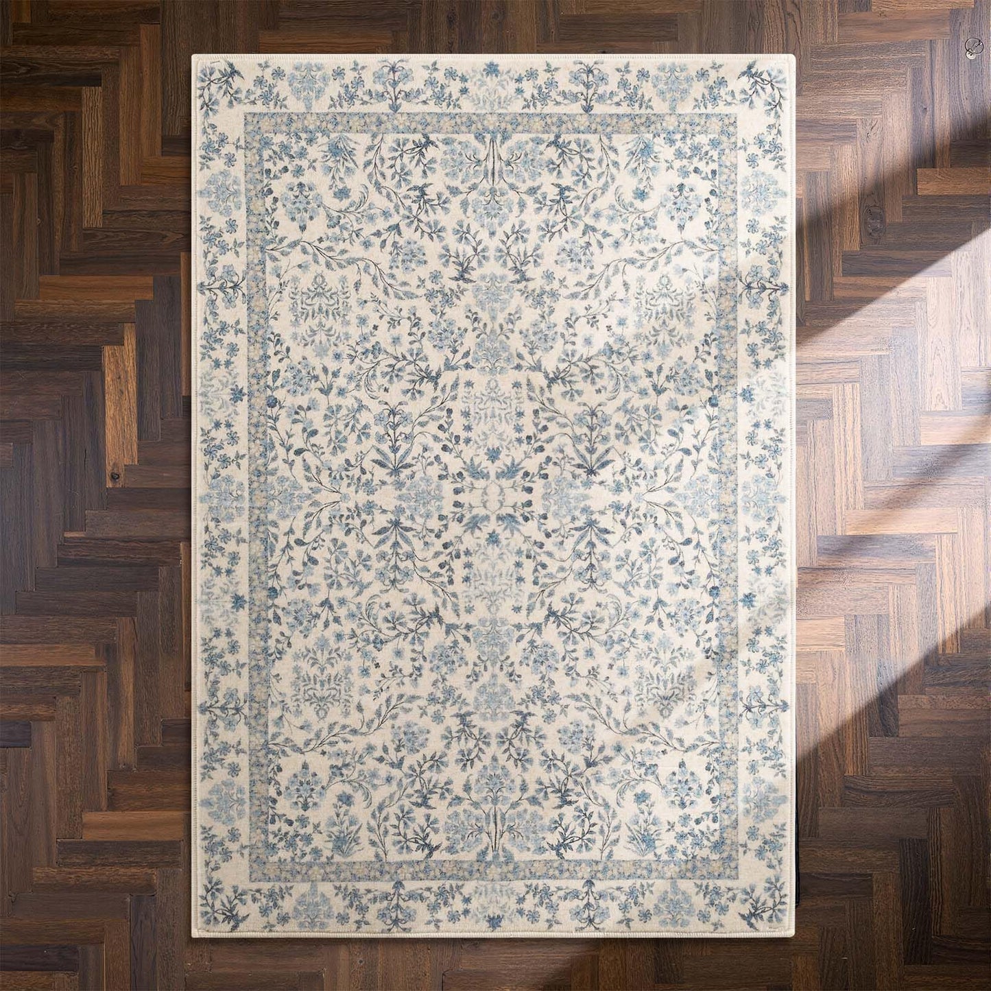 jinchan Zenith Floral 3x5 Area Rug Machine Washable Soft Low-Pile Non-Slip Vintage Botanical Aesthetic Throw Carpet for Entryway Bedroom Kitchen Living Room Nursery Blue/Cream