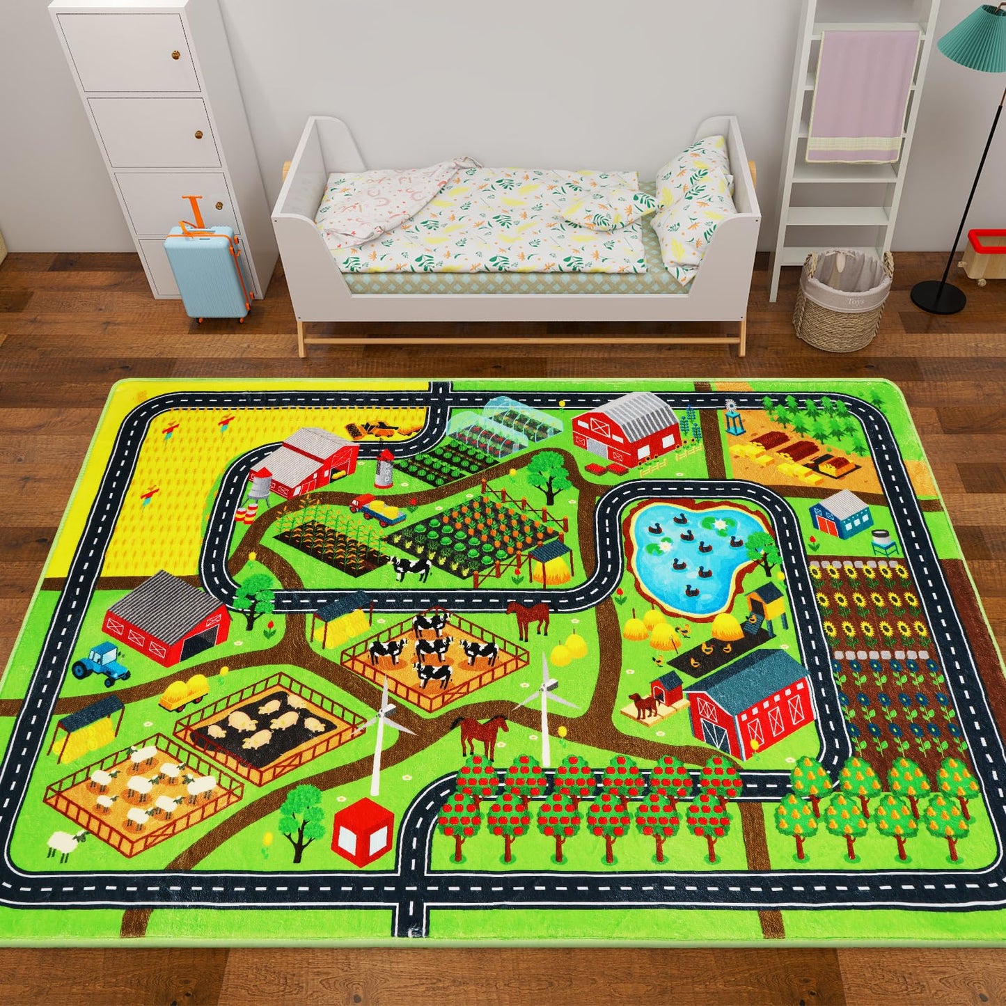 Mfmiudole Kids Rug for Car Toy Farm Track View, Large Play Rug 6'7" x 9'2" with Road Traffic Play Carpet Washable Educational Mat for Toddler Playroom Classroom Nursery (1-Farm Life, 110"×78.7")