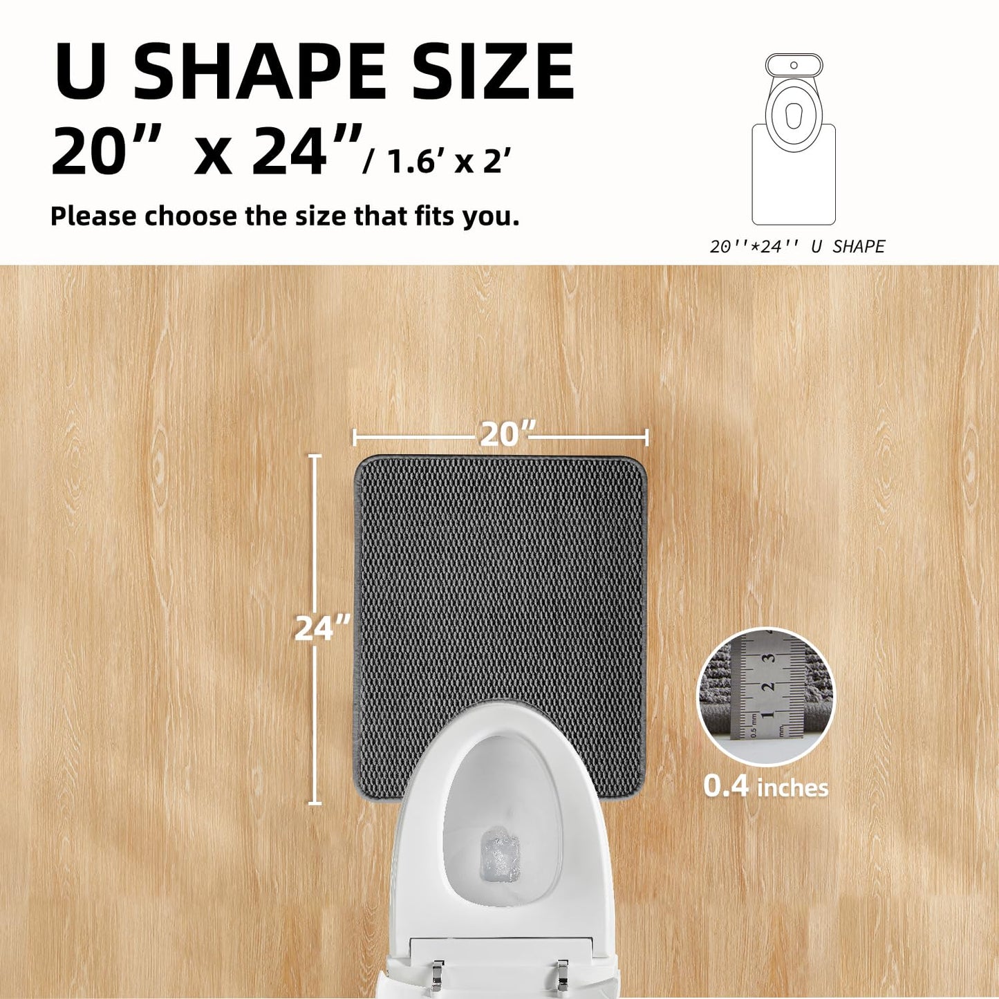 TYUU Toilet Rug, Thin Toilet Rugs U Shaped Washable Non Slip Absorbent Quick Dry Low Pile Toilet Mat, Dark Grey 20"x24" U Shape