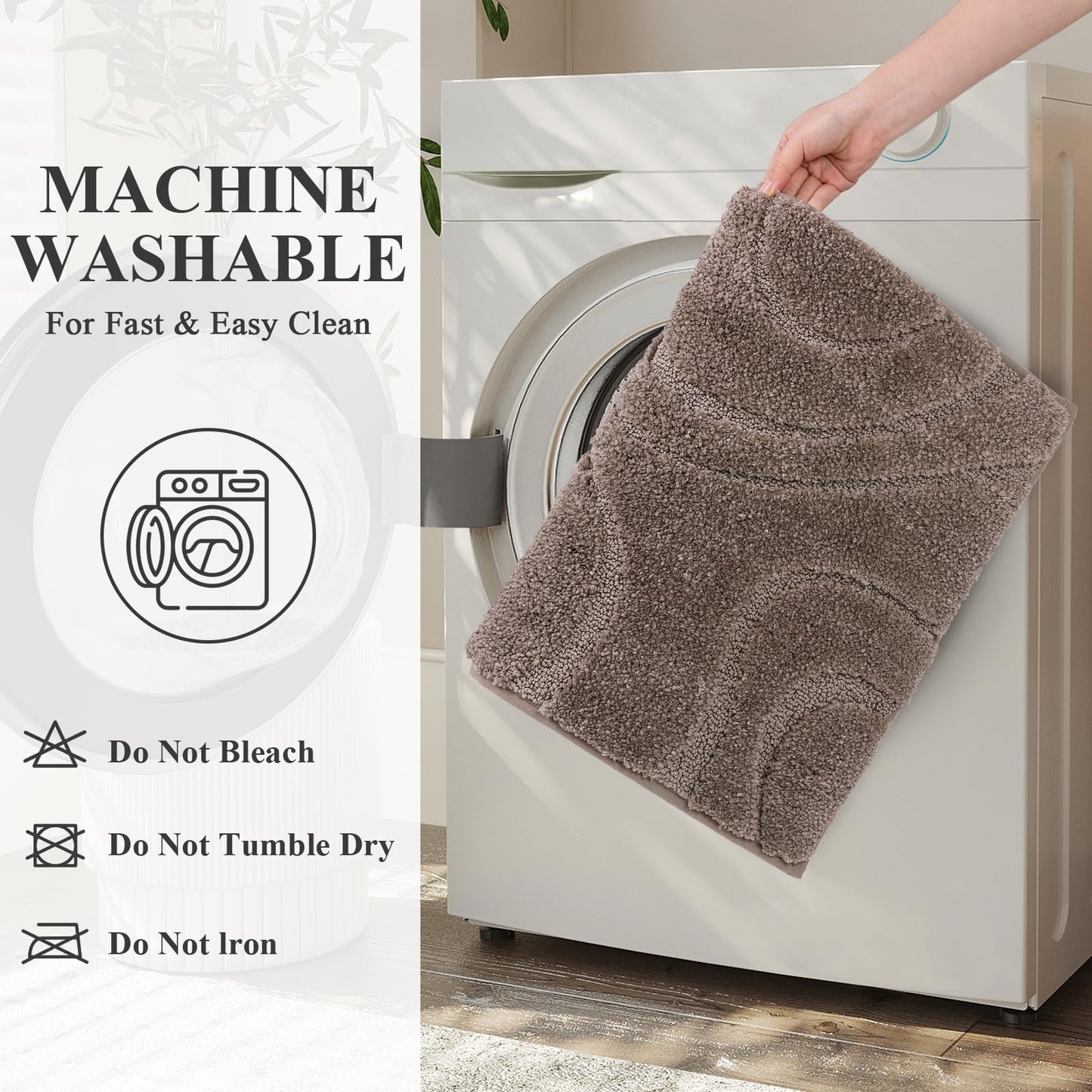 HEBE Bathroom Rug Sets 3 Piece, Non Slip Shower Mats with U-Shaped Contour Toilet Mat, Absorbent Microfiber Bath Mats for Bath Rugs, Washable Shaggy Floor Carpet, Coffee