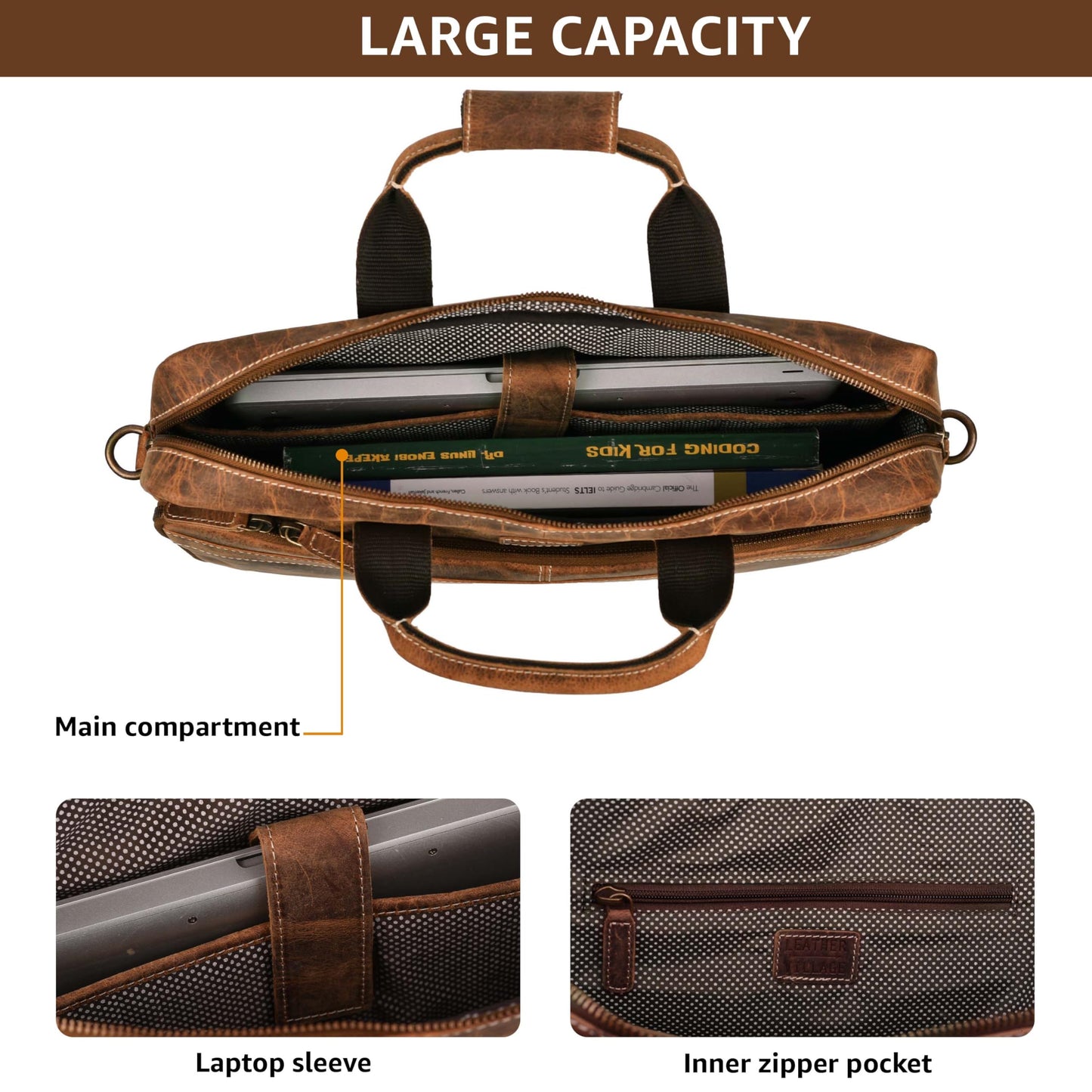 LEATHER VILLAGE 18" Leather Laptop Messenger Briefcase Bag for Men-Leather Satchel for Travel and Office Shoulder Bag- Sun Tan Brown