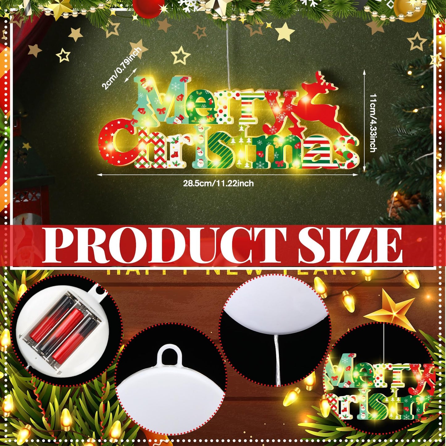 VIHOSE Merry Christmas Wooden Sign with LED Light 11" Merry Christmas Sign Xmas Hanging Ornaments LED Farmhouse Wooden Decorations for Holiday Indoor Outdoor Wall Window Home