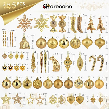 SHareconn 145pcs Christmas Balls Ornaments Set, Shatterproof Plastic Baubles Snowflakes, Stars and Tree Topper for Xmas Tree Holiday Wedding Party Decorations with Hanging Strings, Bronze Gold