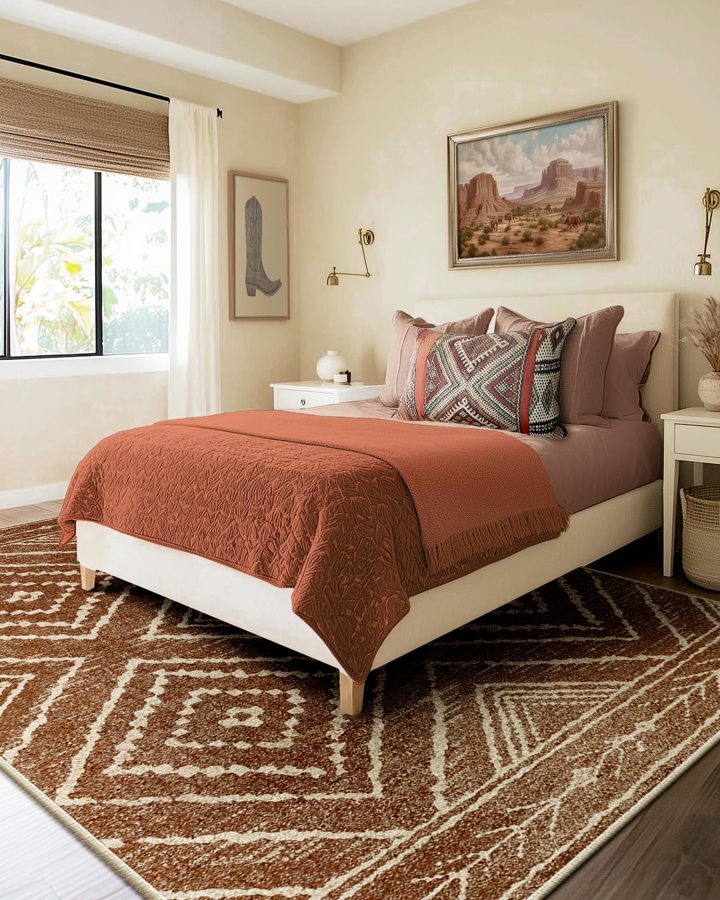 BESTSWEETIE Area Rug 9x12 Machine Washable Non-Slip Low Pile Print Pattern Western Tribal Series Yellowbrown/Cream for Living Room Bedroom Entryway