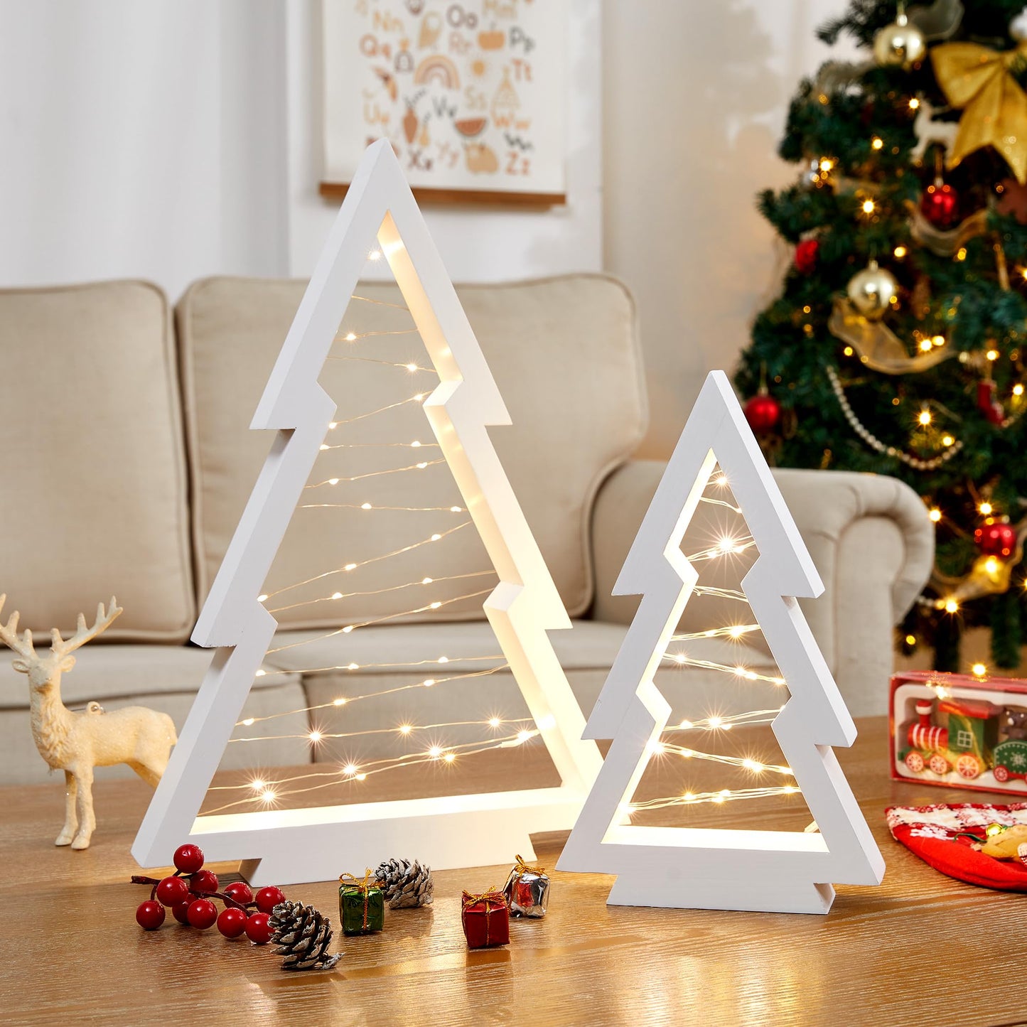 Neoflavie 2 Pcs Wood Christmas Tree with Lights-Modern Farmhouse Lighted Tabletop Christmas Tree Decor for Christmas Holiday Decorations Home Party Table Fireplace Mantle Shelf Decor(White)