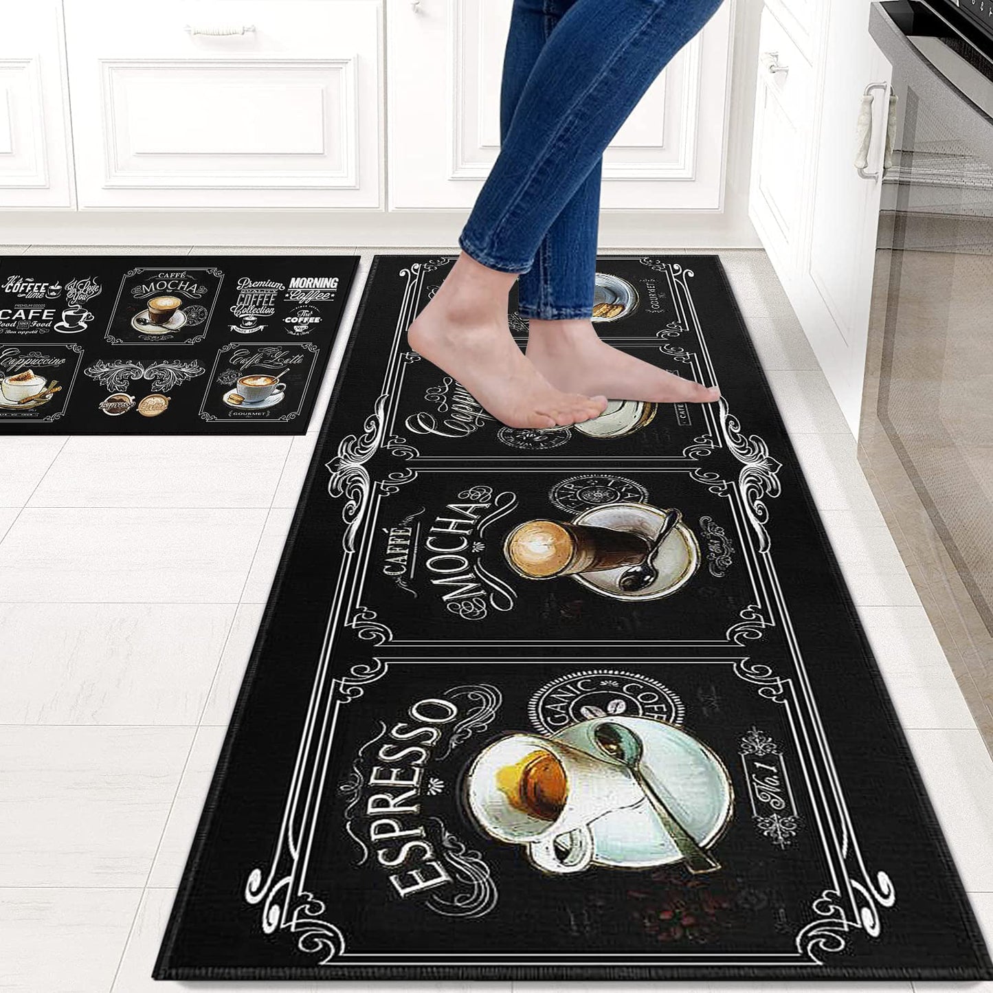 Faptoena Black Coffee Kitchen Rugs and Mats Set of 2 Coffee Cup Latte Mocha Art Decoration Non Slip Super Absorbent Kitchen Sink Mats Waterproof and Washable Runner Rugs for Laundry Room