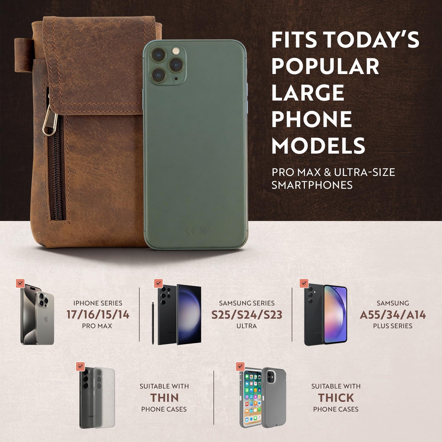 Moonster Leather Phone Holster – Genuine Full-Grain Leather for iPhone 17/16/15/14 Pro Max & Plus, Galaxy S25/S24 Ultra – Slim Belt Clip Phone Pouch with Magnetic Closure, Fits Thick Cases – 7” x 3.5”