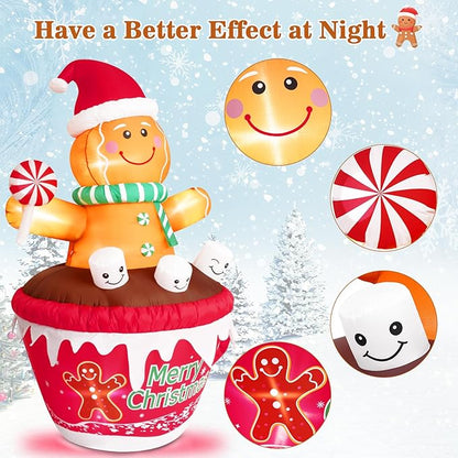 FRAMICS 7 FT Christmas Inflatable Gingerbread Outdoor Decorations, Gingerbread Man in Hot Cocoa Mug Inflatable, Cute Blow Up Yard Inflatable for Party Garden Lawn Yard Gifts Outdoor Indoor