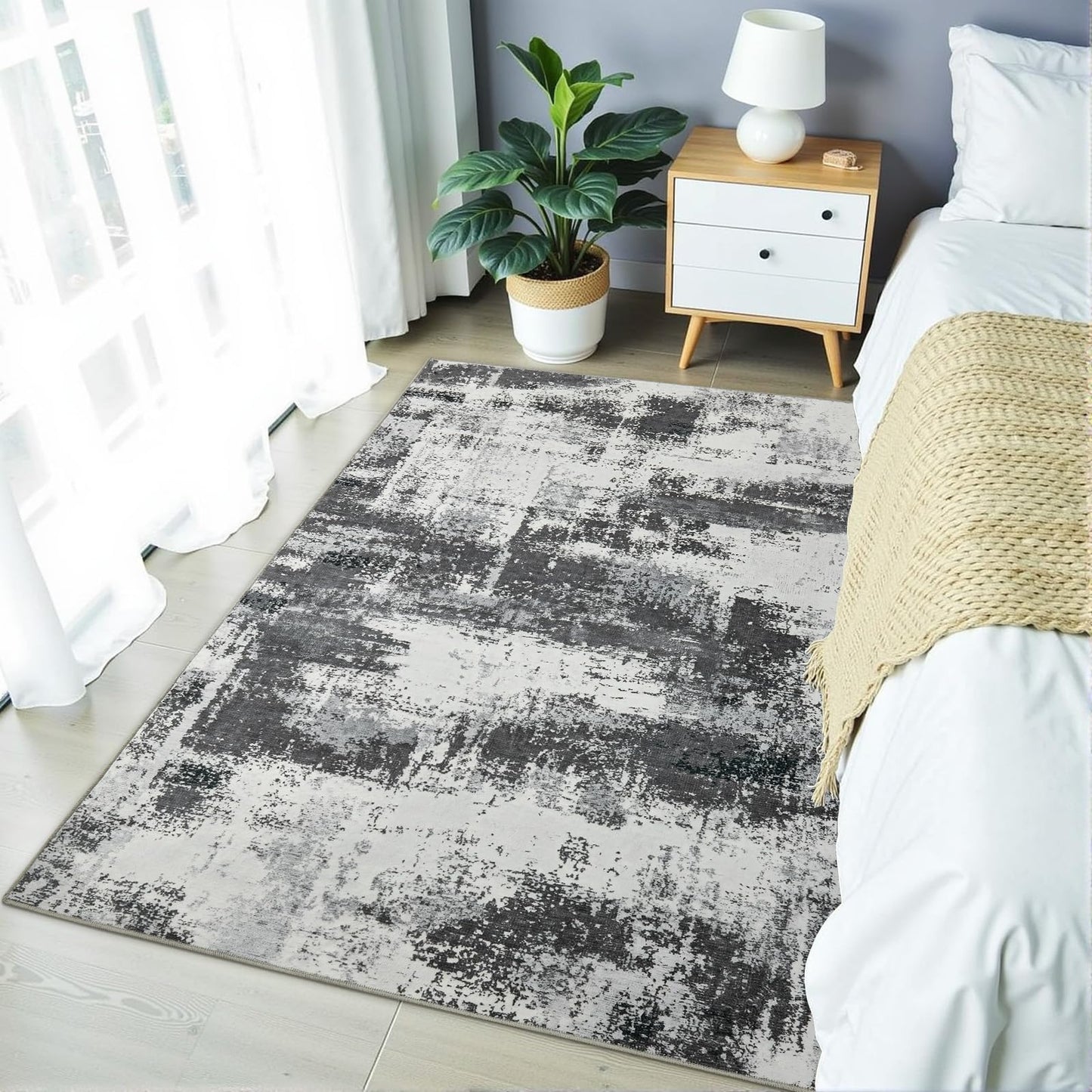 Enqinar Modern Abstract 3x5 Rug for Entryway, Non Slip Machine Washable Area Rug, Soft Low Pile Ultra Thin Distressed Doormat for Indoor Entry, Kitchen, Dorm, Living Room, Bedroom, Grey