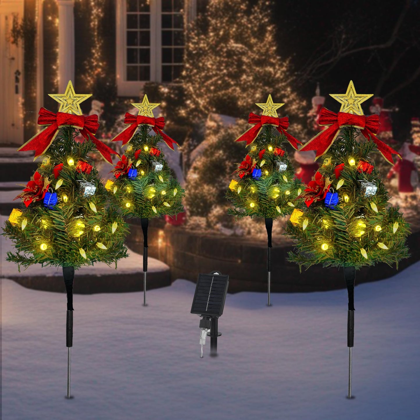 Tngan Solar Christmas Tree Pathway Lights Outdoor, Set of 4 Solar Christmas Tree Stake Lights, 80 Outdoor LEDs Xmas Decor, Christmas Decor DIY Xmas Tree Gift (Warm White)