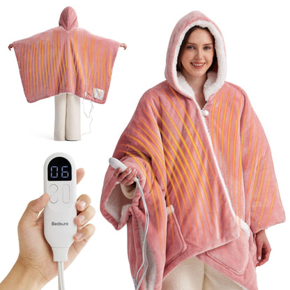 Bedsure Heated Blanket Wearable Shawl - Electric Wrap Poncho Blanket Hoodie for Adult, Birthday Gifts for Mom Women, Sherpa Heating Throw with 4 Time Settings & 6 Heat Settings, 55x64 inches, Grey