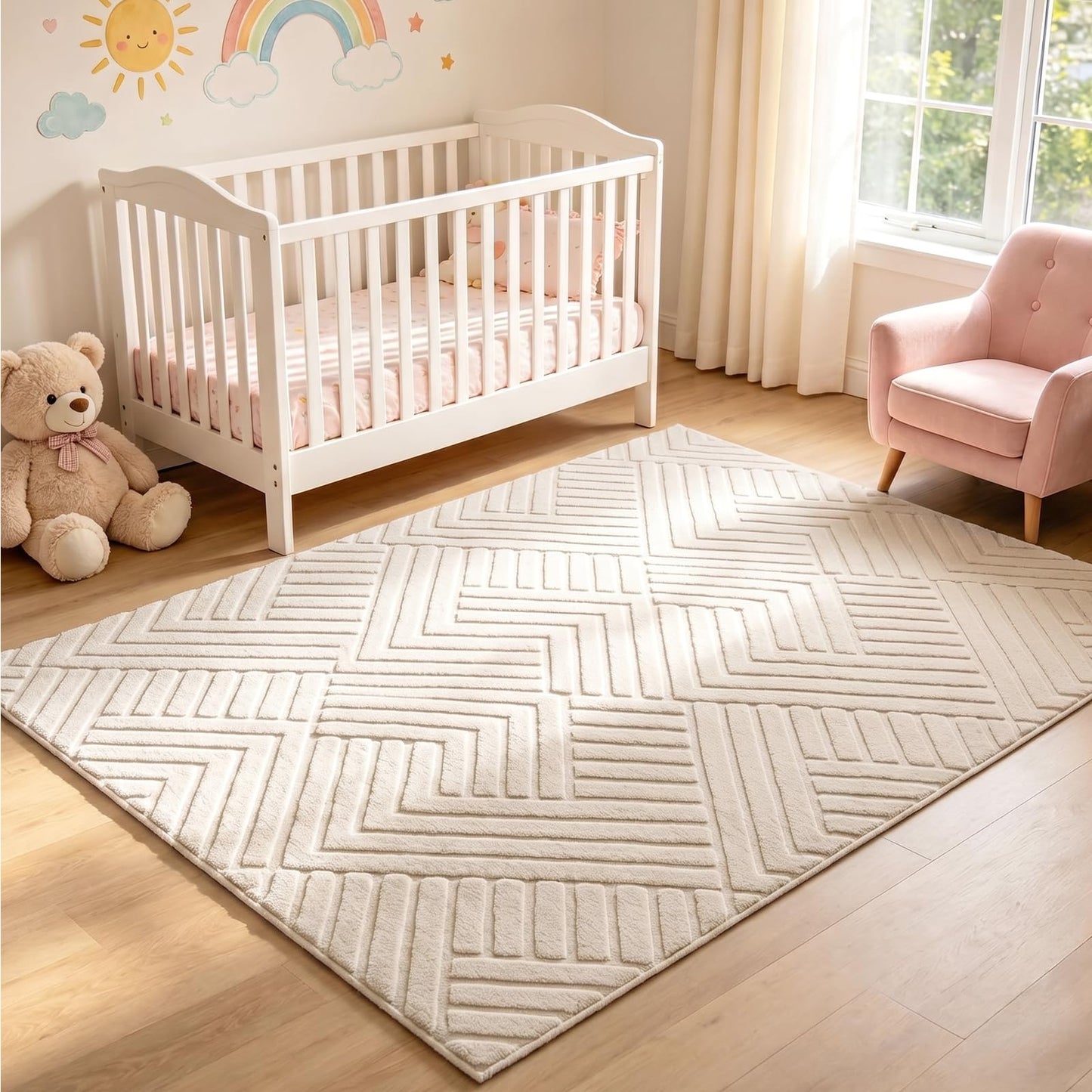 Bsmathom 5x7 Washable Area Rug, Boho Neutral Modern Soft Carpet Mat, Beige