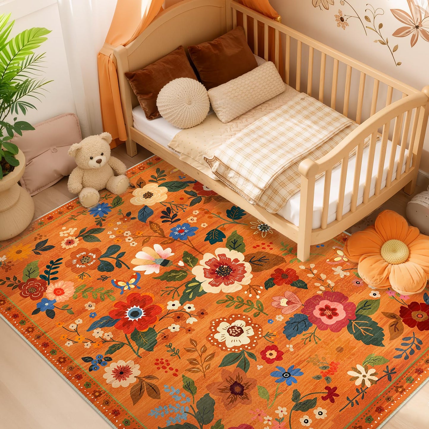 RELEANY Floral 5x7 Area Rugs Washable Print Boho Cute Carpet Non Slip Flower Low Pile for Living Room Bedroom Kitchen Office Farmhouse-Burnt Orange