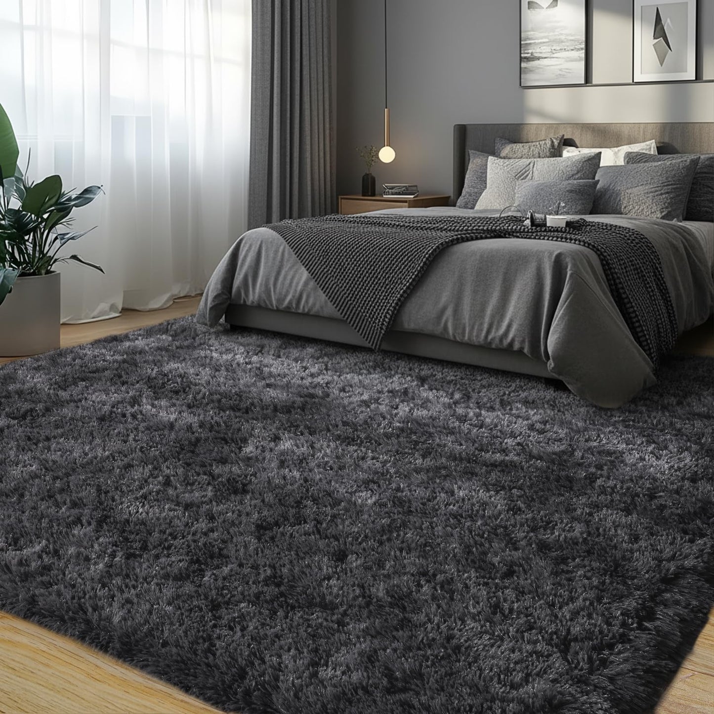 KOGSA 9x12 Large Area Rugs for Living Room, Charcoal Gray Ultra Fluffy Plush Rug for Living Room Bedroom, Thick Fluffy Carpet for Girls Boys Kids Room, Non Slip Dorm Rug for Home Decor Aesthetic