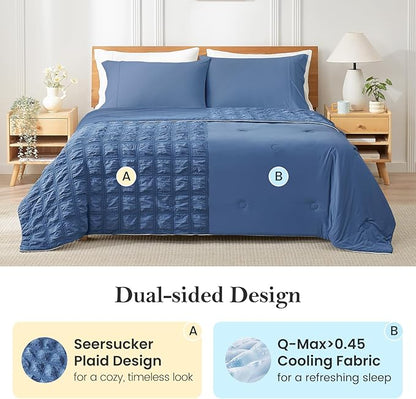 Cozy Bliss Cooling Comforter Seersucker Plaid Twin, Q-Max 0.4 Reversible Lightweight Cooling Blanket, Breathable Silk Smooth Summer Bedding Quilt for Hot Sleepers Night Sweats Denim Blue