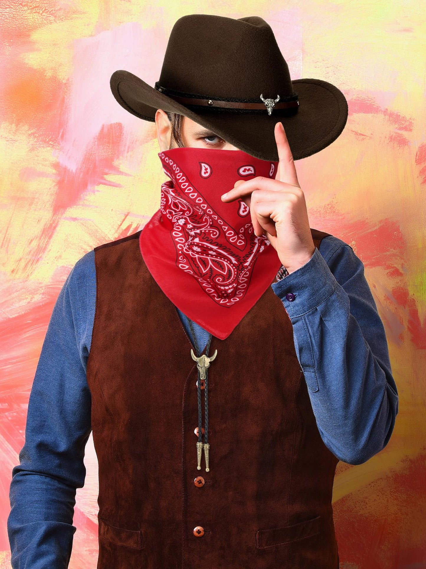 Toulite 4 Pcs Western Cowboy Accessories for Men Cowboy Hat Leather Rodeo Leather Necktie Cow Horn Belt Buckle Paisley Bandana for Western Outfit Halloween Cosplay
