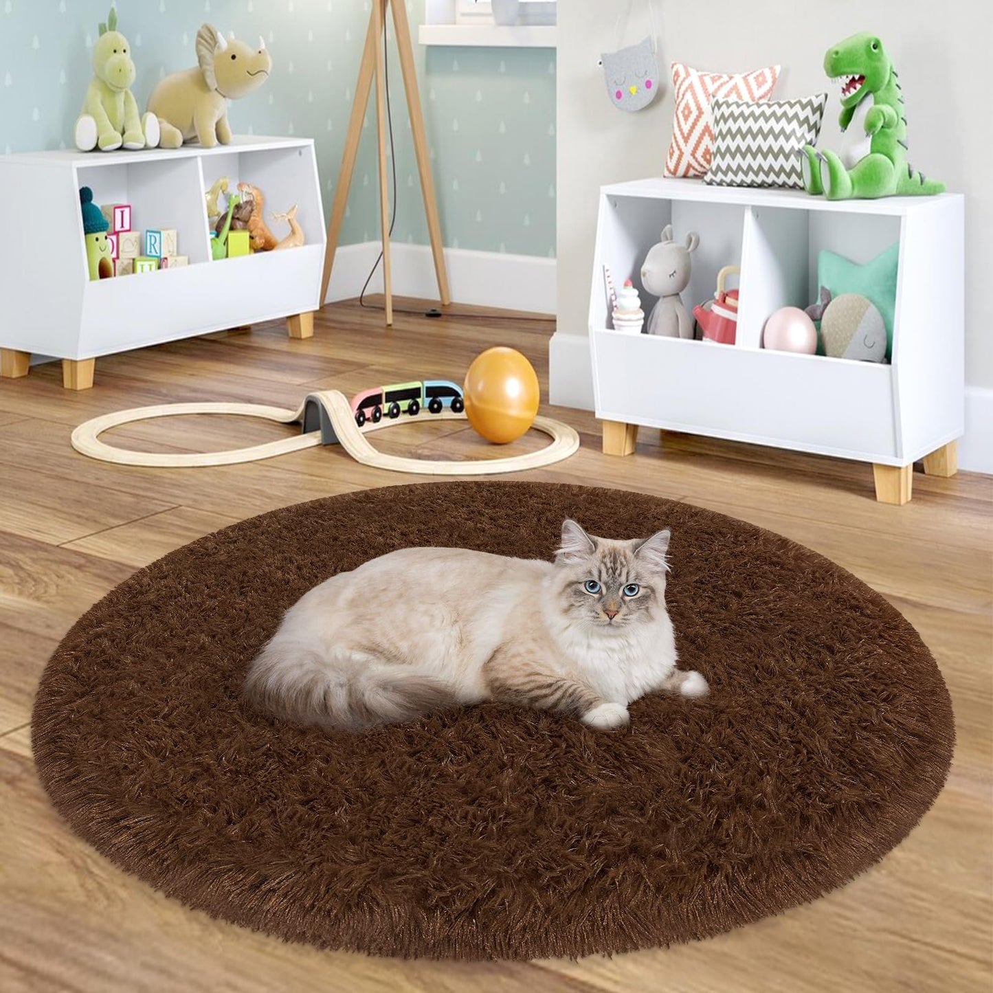 Fixseed Brown Round Area Rugs 3 Ft Small Fluffy Rug for Bedroom Shaggy Circle Rug, Soft Furry Carpet for Teen's Room Aesthetic Décor Circular Carpet for Baby Nursery Dorm Living Room Home Decor
