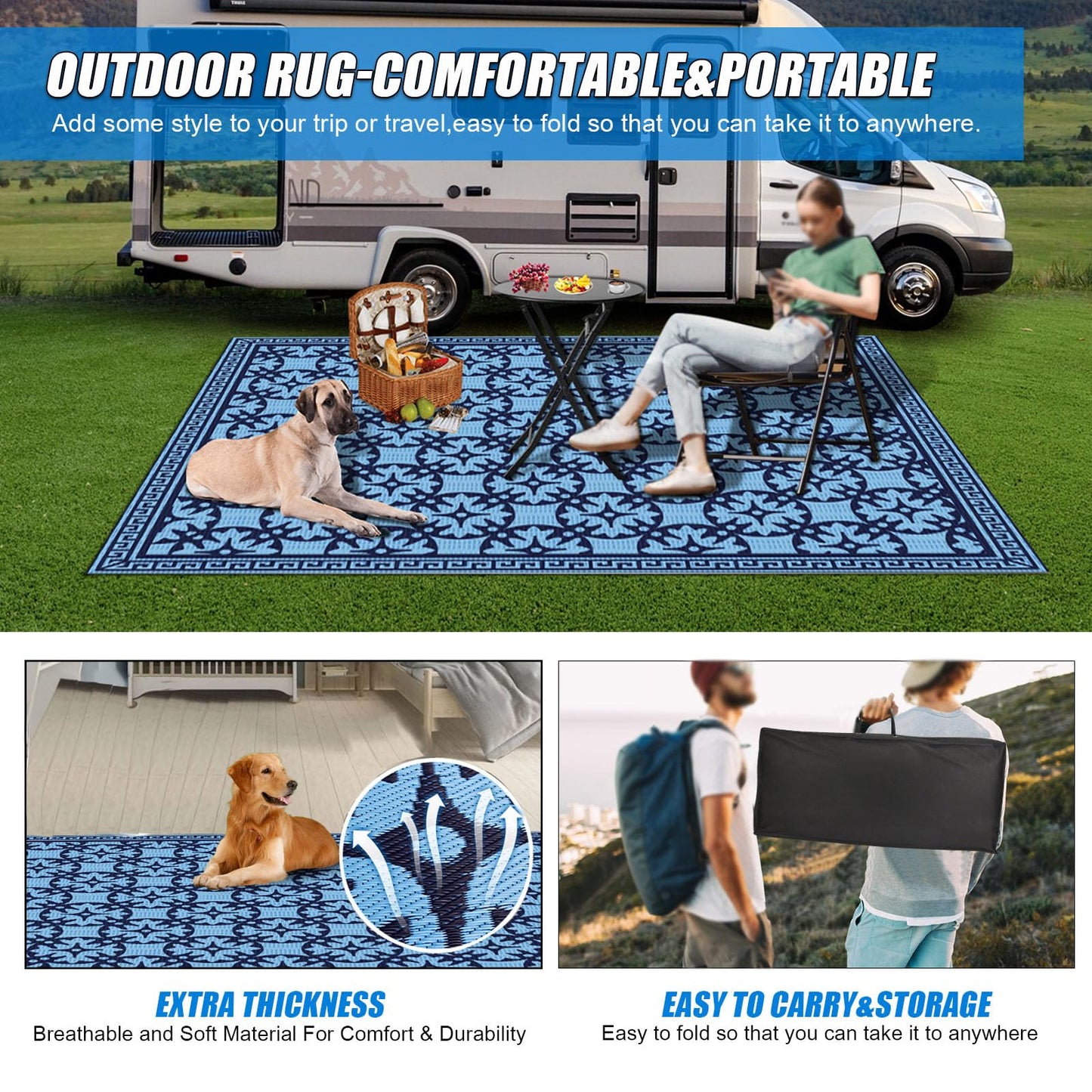 TIPHOPE RV Outdoor Rugs,Waterproof 9x6 FT Outdoor Camping Rugs Foldable Camper Rugs with Carrying Bag Large Floor Rug for Outdoor Camping,Beach,Picnic,Lightweight