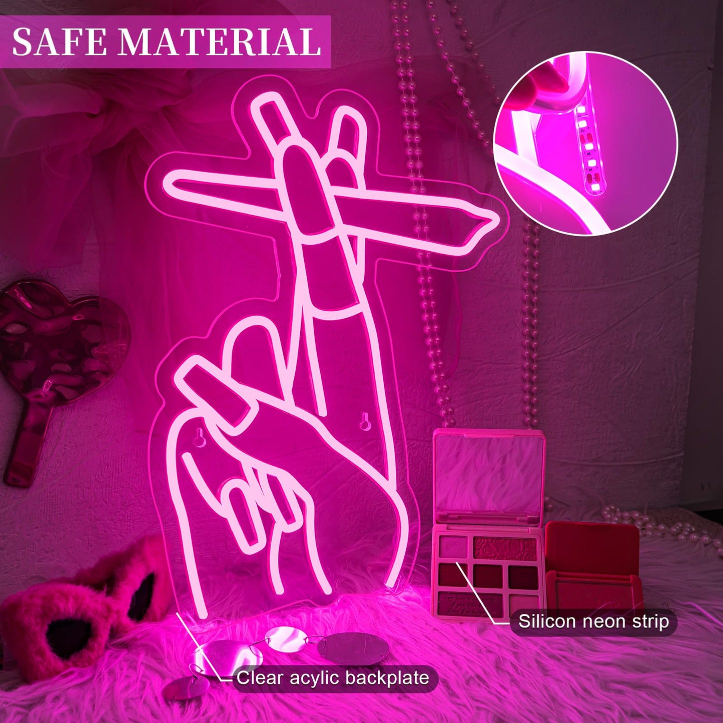 WLHOPE Pink Led Hand Neon Sign for Wall Decor Gesture USB Nail Hand Man Cave Neon Light Sign for Bedroom Home Bar Girls Room Nail Room Salon Party Decor Gift for Women