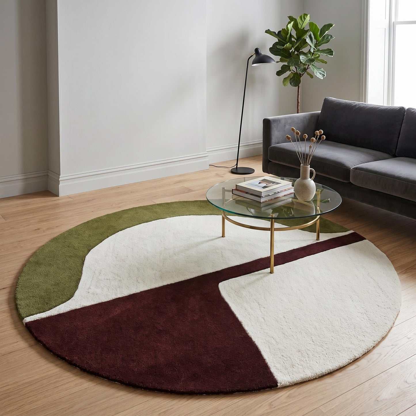 RUGORIA Hand-Tufted Round Wool Area Rug – Unique Modern Circular Design, 100% Natural Wool, Perfect for Contemporary Home Décor, Living Room, Bedroom (Green, 4' Round)
