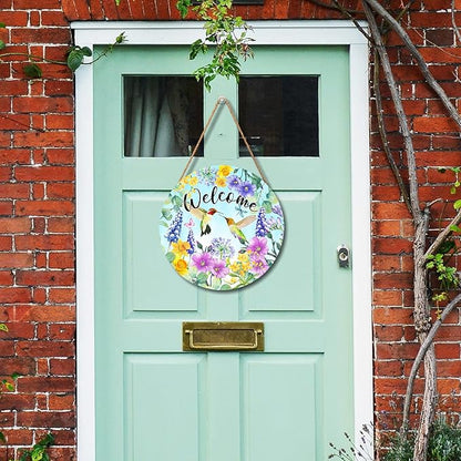 Welcome Spring Hummingbird Front Door Sign Decor 12"x12" Spring Floral Flowers Wood Door Hanger for Outdoor Outside Porch Seasonal Summer Farmhouse Wooden Wreath Wall Hanging Sign for Home Yard