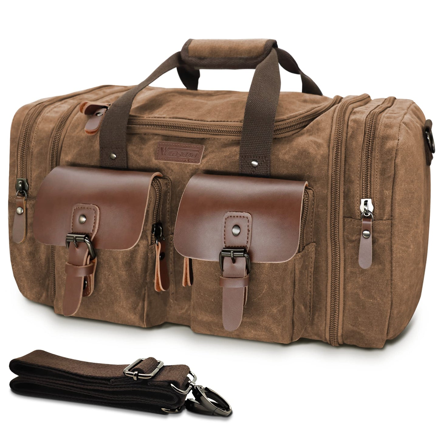 Wildroad Waxed Canvas Genuine Leather 50L Waterproof Duffle Bag - Vintage Travel Weekender Overnight Carry On