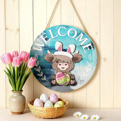 35 Pcs Christmas Interchangeable Highland Cow Welcome Sign Highland Cow Seasonal Wooden Hanging Door Decor Thanksgiving Farmhouse Hanging Sign for Front Door Xmas Party Decoration Gift(Lake Blue)