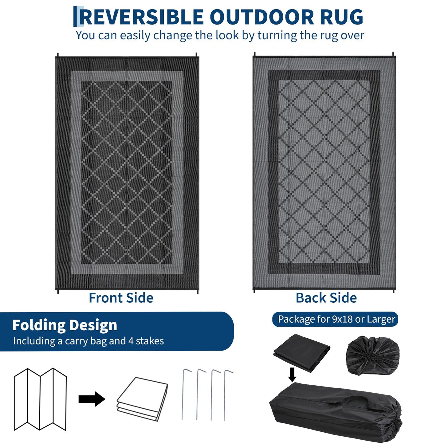GAOMON Patio Rug 9x18 Waterproof Outdoor Plastic Straw Rug Reversible Camping Mat, Foldable Portable RV Picnic Carpet with Bag & 4 Stakes, UV Resistant Outside Carpet for Deck Balcony, Black&Grey