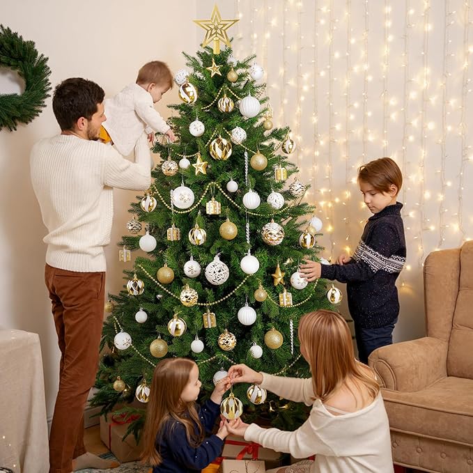 Ouddy Decor 84 Pcs Christmas Tree Ornaments Set, Gold and White Christmas Decorations Shatterproof Plastic Glittery Baubles for Wreath Garland Wedding Party Holiday New Year Home Decor, Gold & White