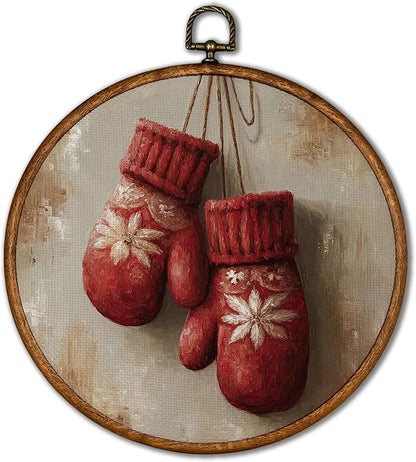 KSDUT Vintage Winter Wall Decor Art - Snowy Gloves Wall Art Canvas Frame Hanging Prints, Retro Xmas Forest Woodland Wild Animal Round Wall Art Decor for Home Farmhouse Decorations 10"x10"