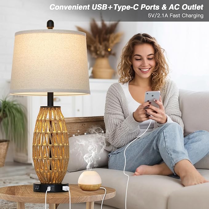 27" Rattan Table Lamps Set of 2, Boho Bedside Lamp for Bedroom with Night Light, Coastal Woven Wicker Nightstand Lamps with USB A+C Charging Port & AC Outlet, Tall Farmhouse Living Room Lamp