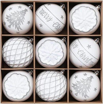 SHareconn 100MM/4 Inch 9PCS Large Christmas Balls Ornaments, Shatterproof Plastic Hanging Big Baubles Set for Xmas Tree Decoration Holiday Party Wedding Decorations with Hook, White and Silver