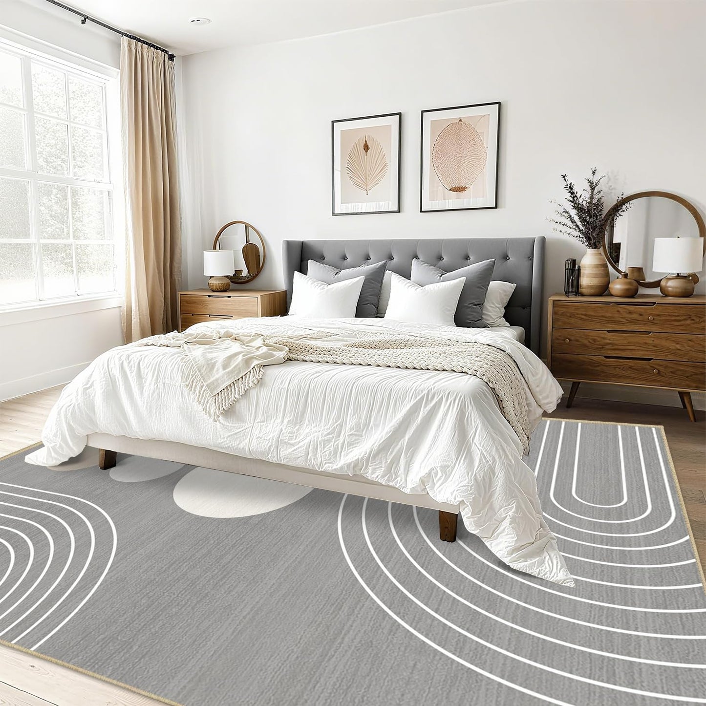 Area Rug 6x9 Boho Modern Minimalist Geometric Abstract Rug Grey Mid Century Modern Rug for Living Room Machine Washable Non-Slip Printed Low Pile Indoor Carpet for Bedroom Dining Room Office Gray