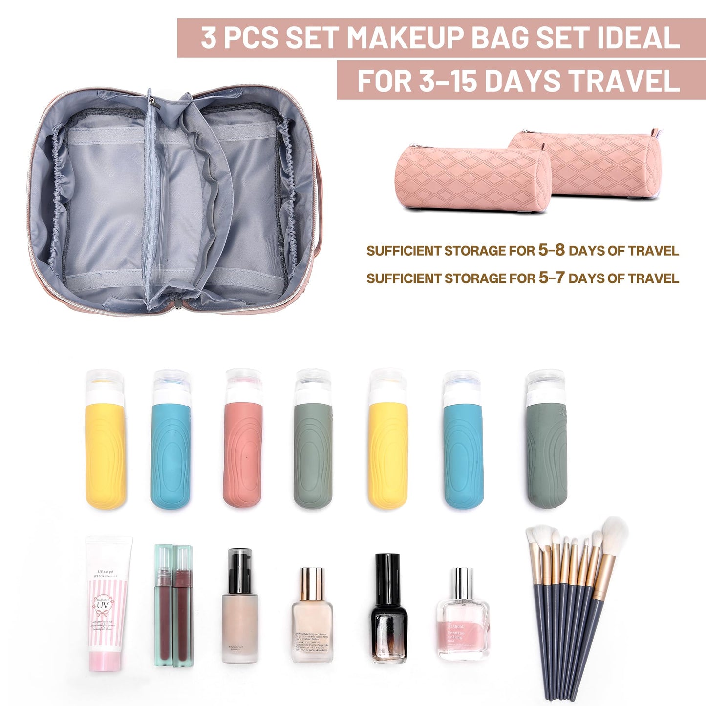 BOYATU Travel Makeup Bag for Women: Large Capacity 3-Piece Quilted Cosmetic & Toiletry Organizer - 2 Detachable Pouches Expand Storage by 50%, Open Flat for Easy Packing, Waterproof PU Leather(Pink)