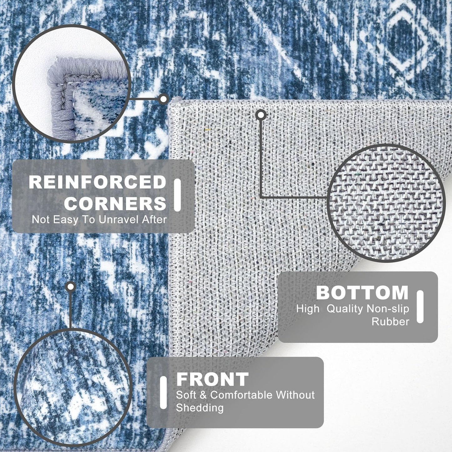 KILOCOCO Runner Rug 2x6 Non Slip Washable Runner for Hallway Kitchen Runners Soft Printed Low-Pile Machine Washable Foldable Floor Blue Runners Rug for Entryway Bedroom Living Room Bathroom
