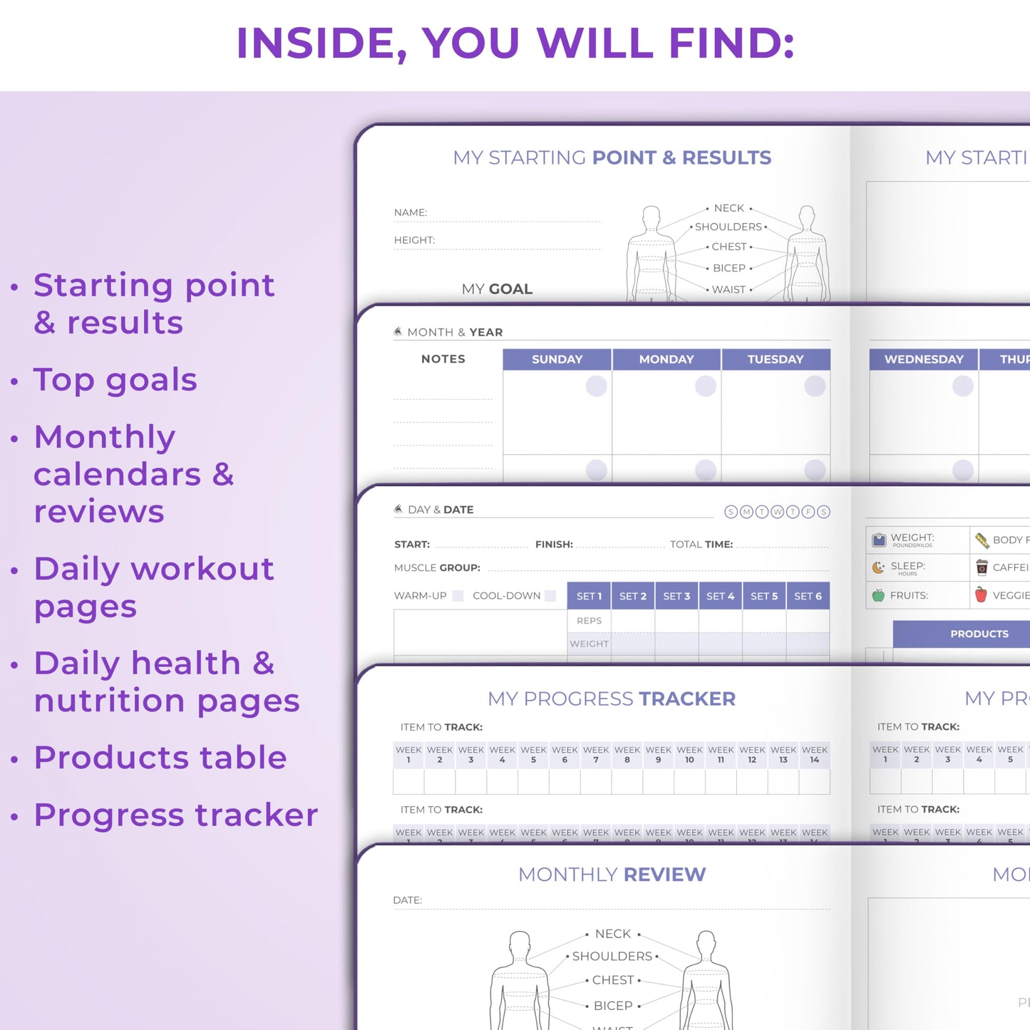 Clever Fox Fitness & Food Journal Pocket – Nutrition & Workout Planner for Women & Men – Diet & Gym Exercise Log Book with Calendars, Diet & Training Trackers – Lasts 3 Months, 4.3x5.5” (Purple)