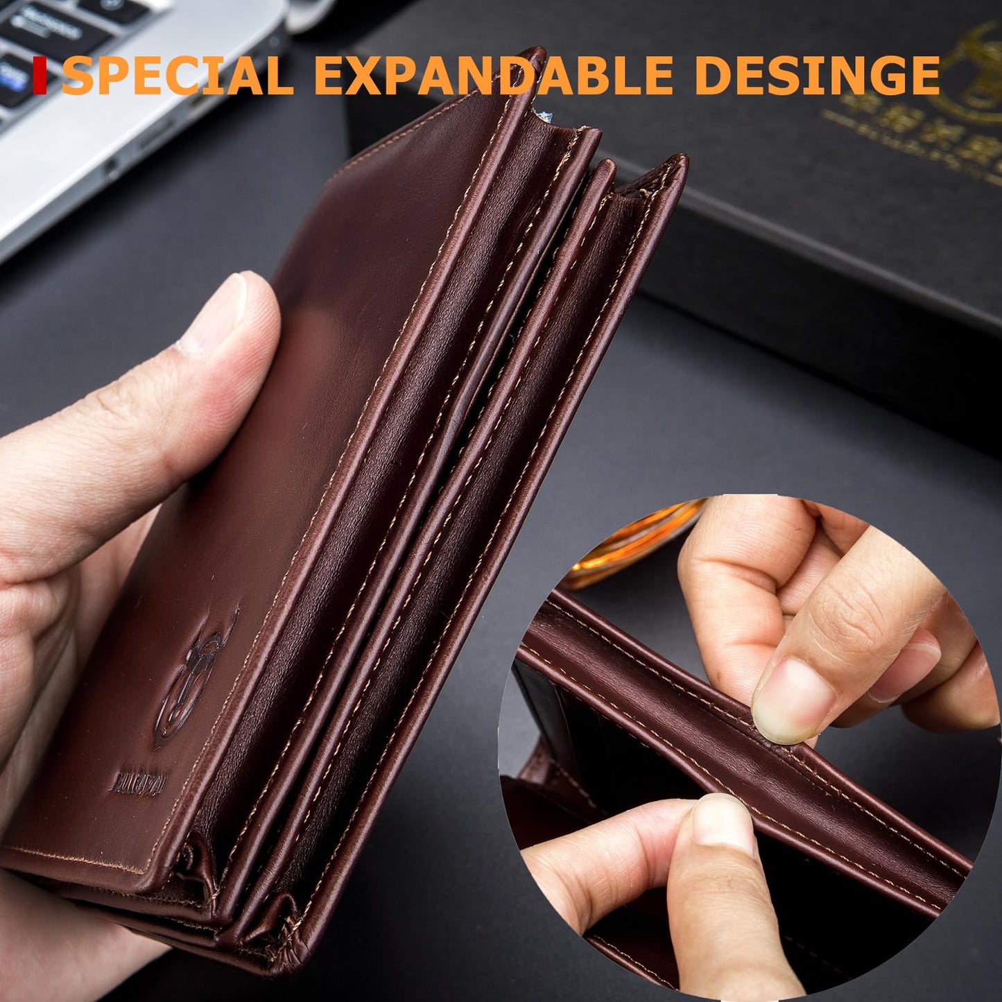 BULLCAPTAIN Large Capacity Genuine Leather Bifold Wallet/Credit Card Holder for Men with 15 Card Slots QB-027 (Brown)