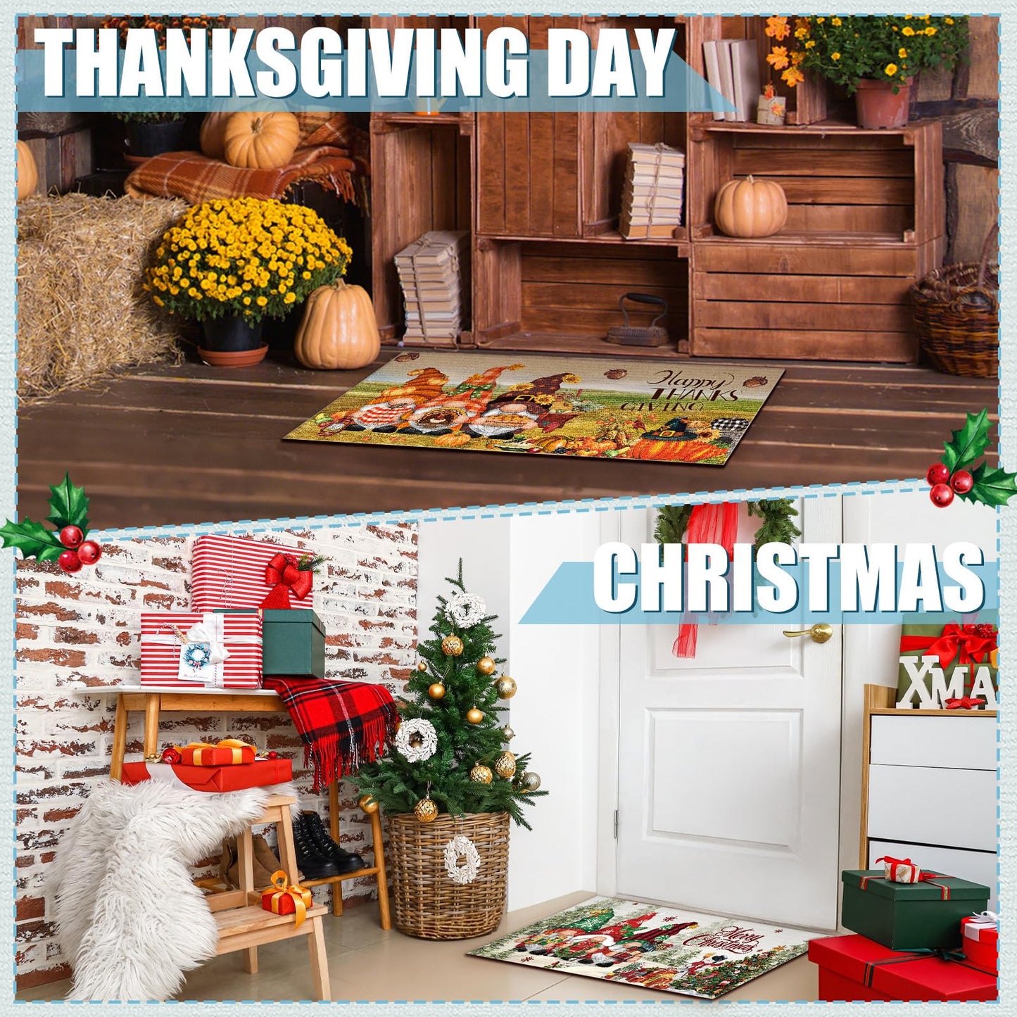 Tinideya 12 Pcs Seasonal Welcome Doormats 10 x 22 Inches Cute Seasonal Summer Independence Day Fall Doormats Decorative Festival Indoor Outdoor Non Slip Mats for All Holidays(Gnome Style)