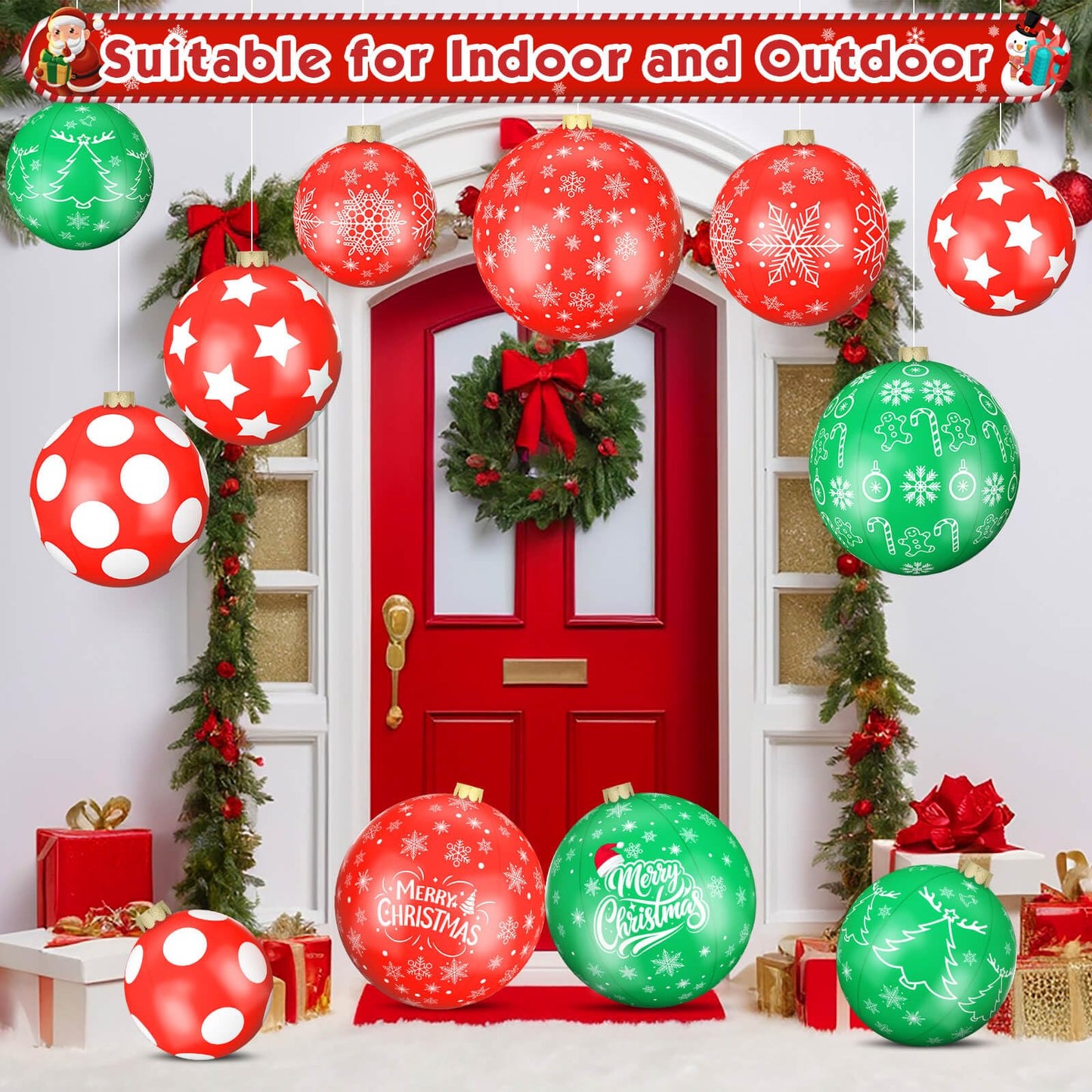 Flasoo 12 Pack Giant Inflatable Christmas Ornaments for Outdoor Decoration, Big Christmas Balls for Front Door Yard Tree Hanging (9 Inch, 12 Inch, 16 Inch)