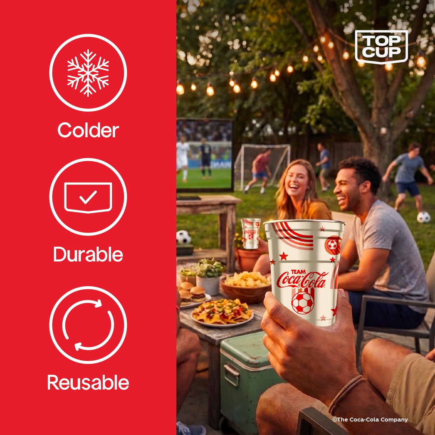 Top Cup – 20 Ounce, 20 Count, Officially Licensed Coca-Cola Soccer Theme Aluminum Party Cup | Cold-Holding, Recyclable, Made in USA