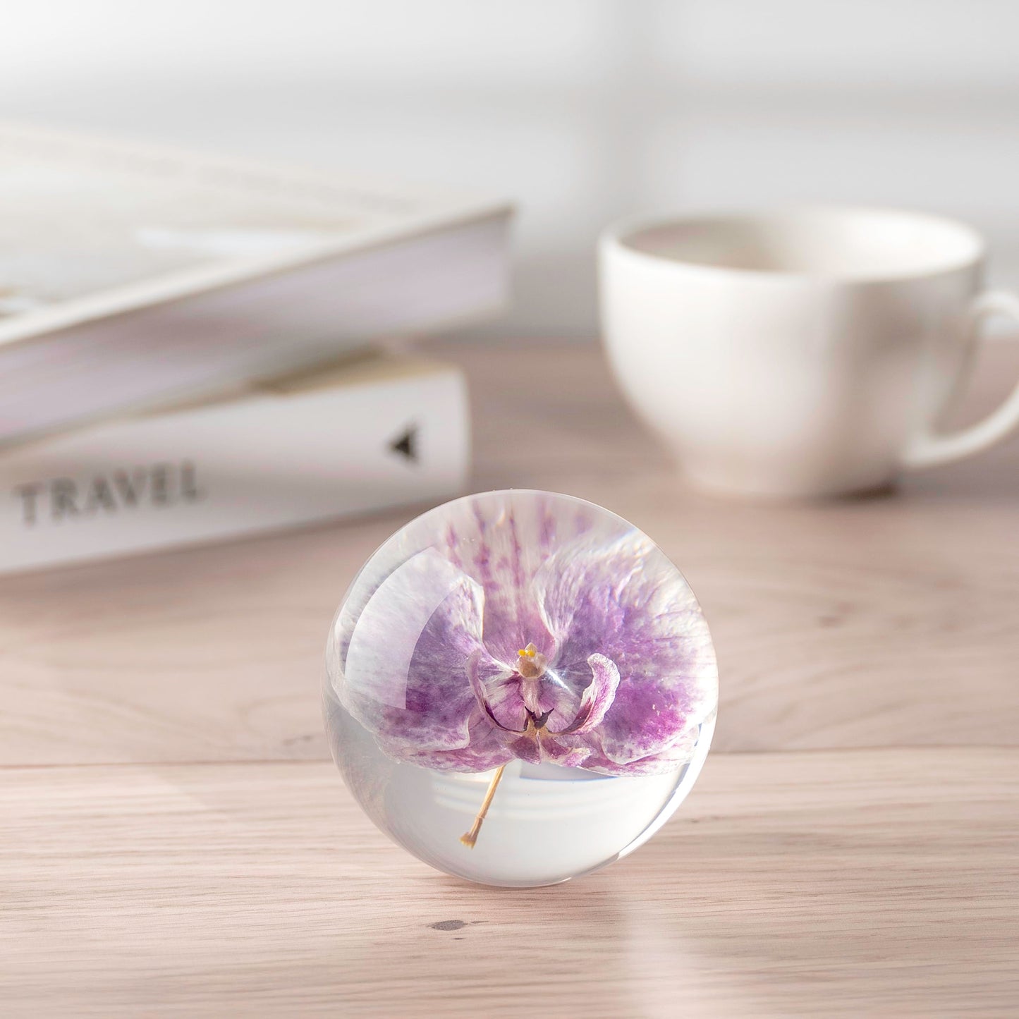 NouvoCrescent Real Purple Orchid Paperweight - Home Decor Crystal Resin Ball 3.14in (80mm) - Clear Resin Purple Orchid Flower Globe for Special Days - Sphere Figurine Office Paperweight w/Flat Bottom
