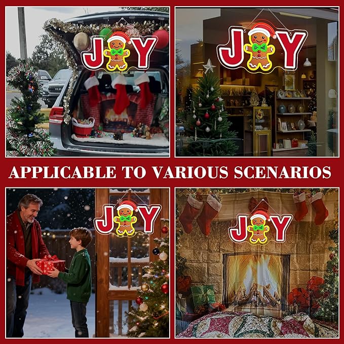 JOY Gingerbread Man Neon Sign – Christmas LED Wall Light with Santa Hat & Holiday Décor – Festive Neon Sign for Home, Parties, and Seasonal Decorations