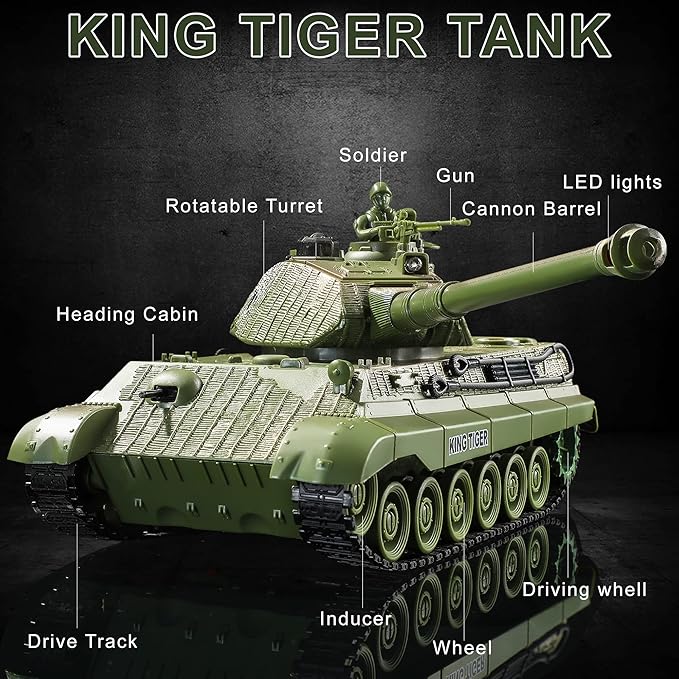 RC Tank Remote Control WW2 German King Tiger Army Tank Toys 1:28 Scale 9 Channels RC Military Vehicles for Kids BoysGirls Best Ages 6 7 8 9 10