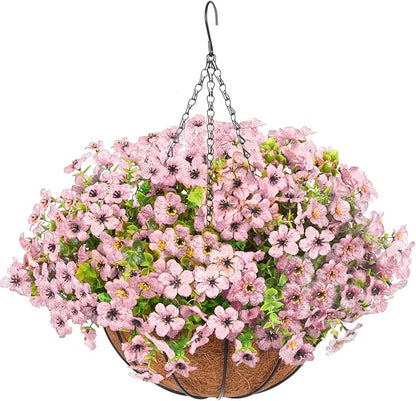 Artificial Hanging Faux Flowers Basket, Fake Silk Daisy Eucalyptus Plants Arrangement,for Spring Summer Outdoor Decoration,UV Resistant, Coconut Planter,Look Real for Home Garden Décor (Pink)