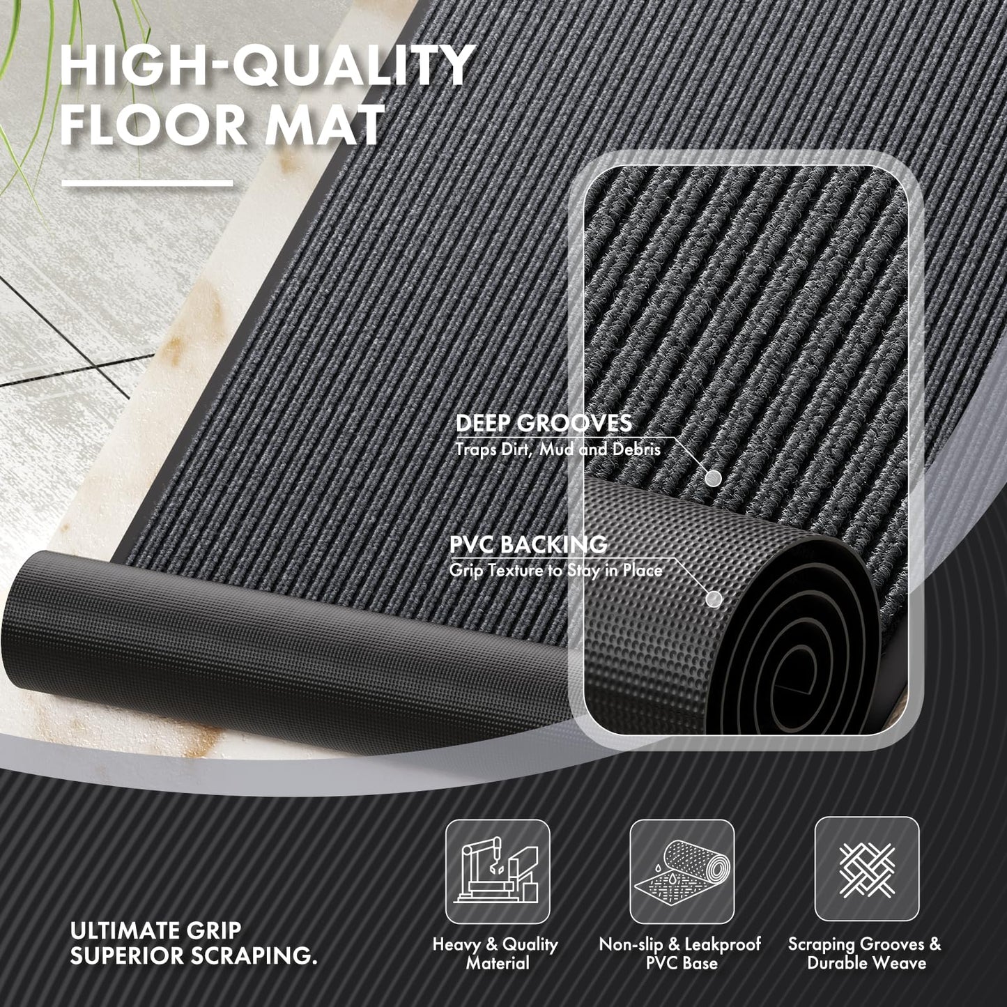 Bathway Front Door Mat 3' x 5' Indoor Outdoor Doormat Heavy Duty Commercial Rugs for Entryway, Waterproof & Mud-Scraping Floor Mat Low Profile, Grey Non-Slip Entry Mat for Office Industrial Garage