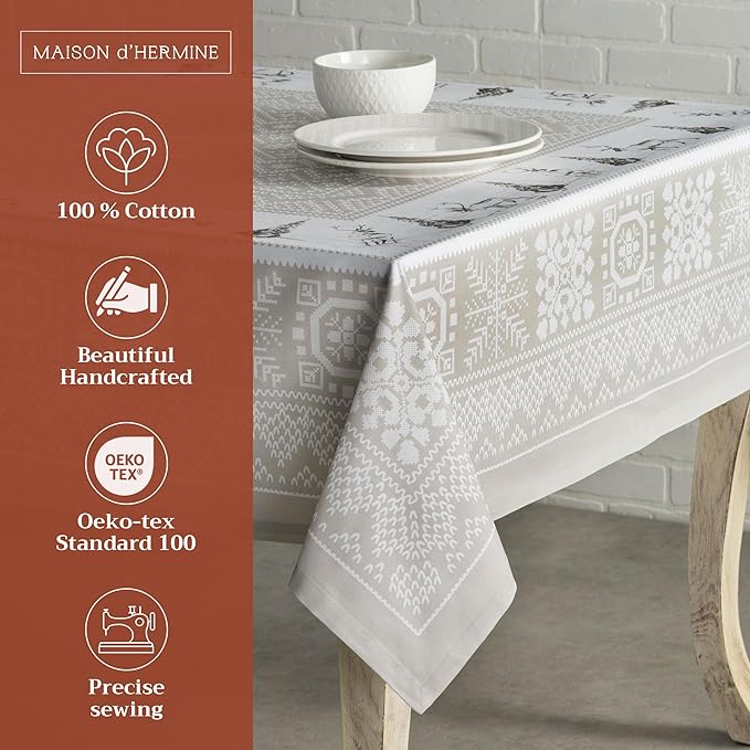 Maison d' Hermine Table Cloth Rectangle Table 100% Cotton 60 x 108 Inches Fall Tablecloth Reusable Everyday Use for Thanksgiving Christmas Decorations Dining Farmhouse Party (Cozy Christmas)