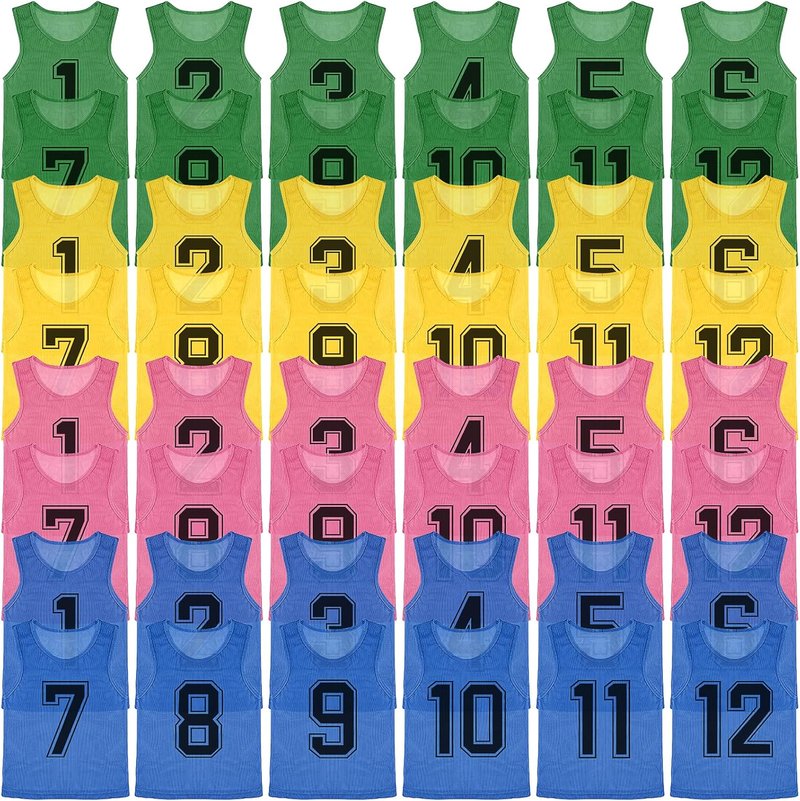 M-Aimee Youth Pinnies - 48 Pcs Mesh Basketball Practice Jerseys | Numbered Soccer Scrimmage Vests in Green, Yellow, Pink, Blue