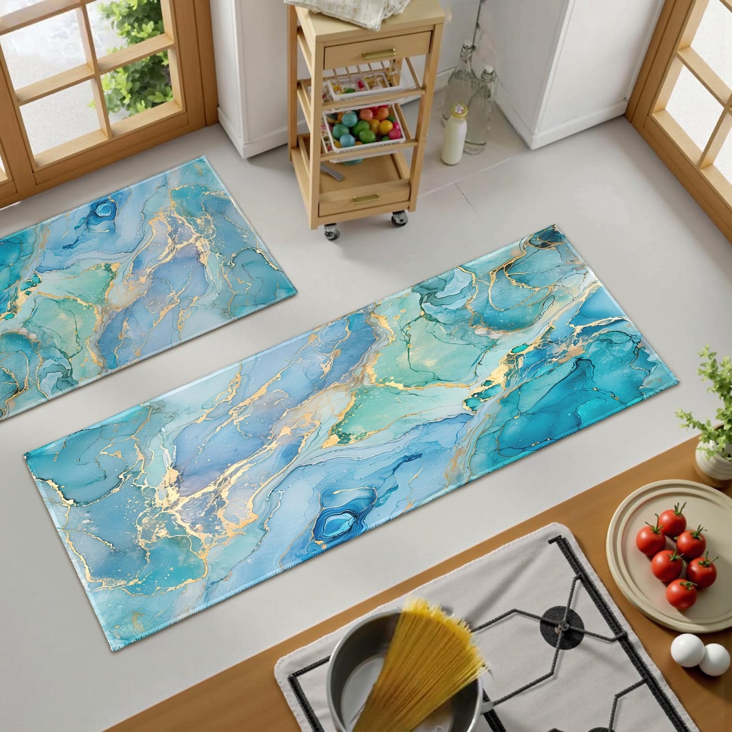 Teal Kitchen Rugs Sets of 2 Non Slip Blue Gold Turquoise Marble Kitchen Mats for Floor with Rubber Backing Washable Kitchen Runner Rug Carpet 17"x47"+17"x30" for Hallway Laundry