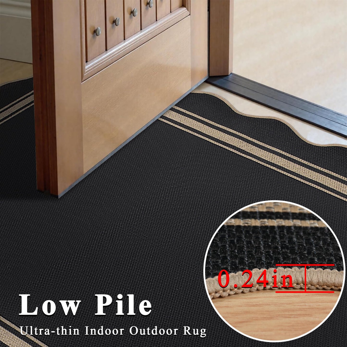 5x7 Scalloped Rug Easy Jute Washable Outdoor Patio Rug for Living Room Indoor Outdoor Black Geometric Neutral Carpet for Backyard Patio Dining Room