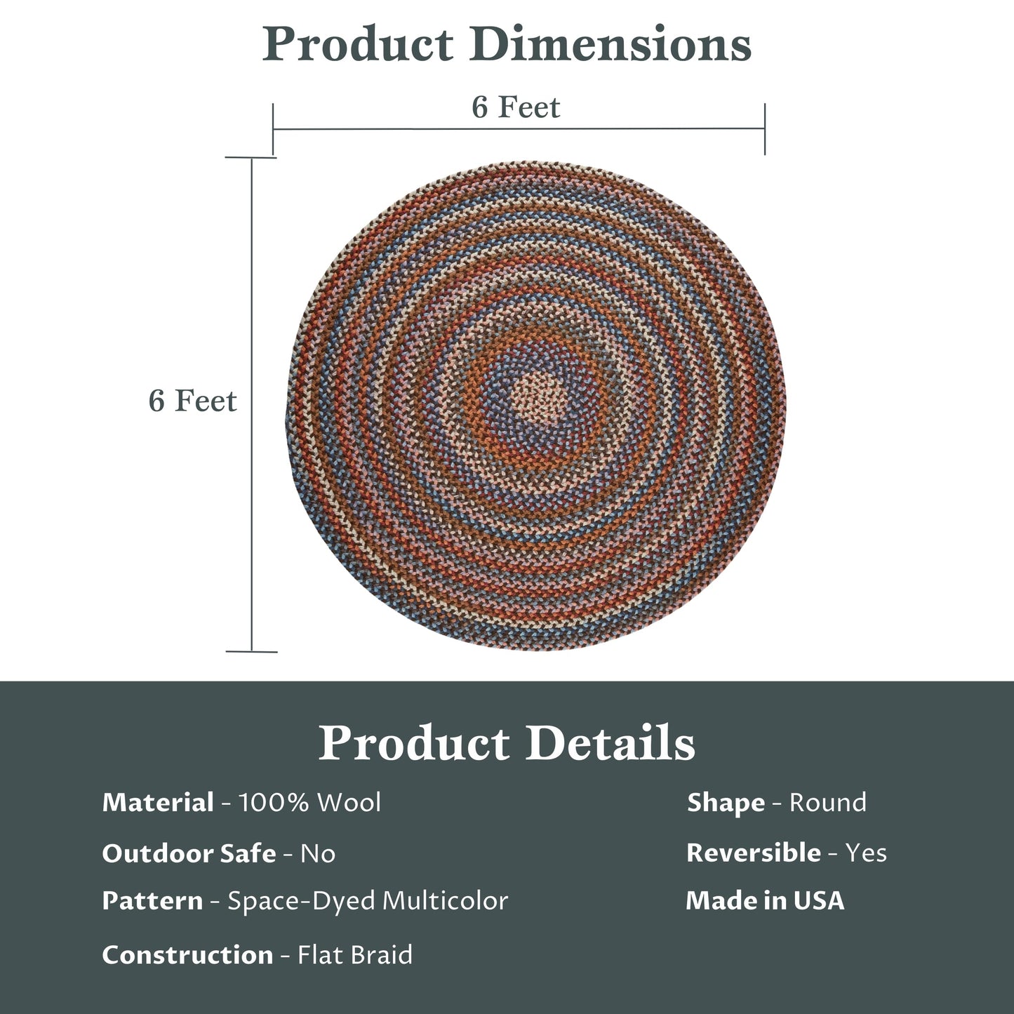 Rhody Rug Astoria AS32 Walnut 6' x 6' Round - Durable Braided Area Rug, Home Decor, Floor Mat or Bedroom Rug - Easy Care, Ideal for High Traffic Areas - Made in USA